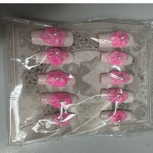 Press On Nails Pink Flower Pearl‎ Accent Manicure Nail Art Set 10 Piece